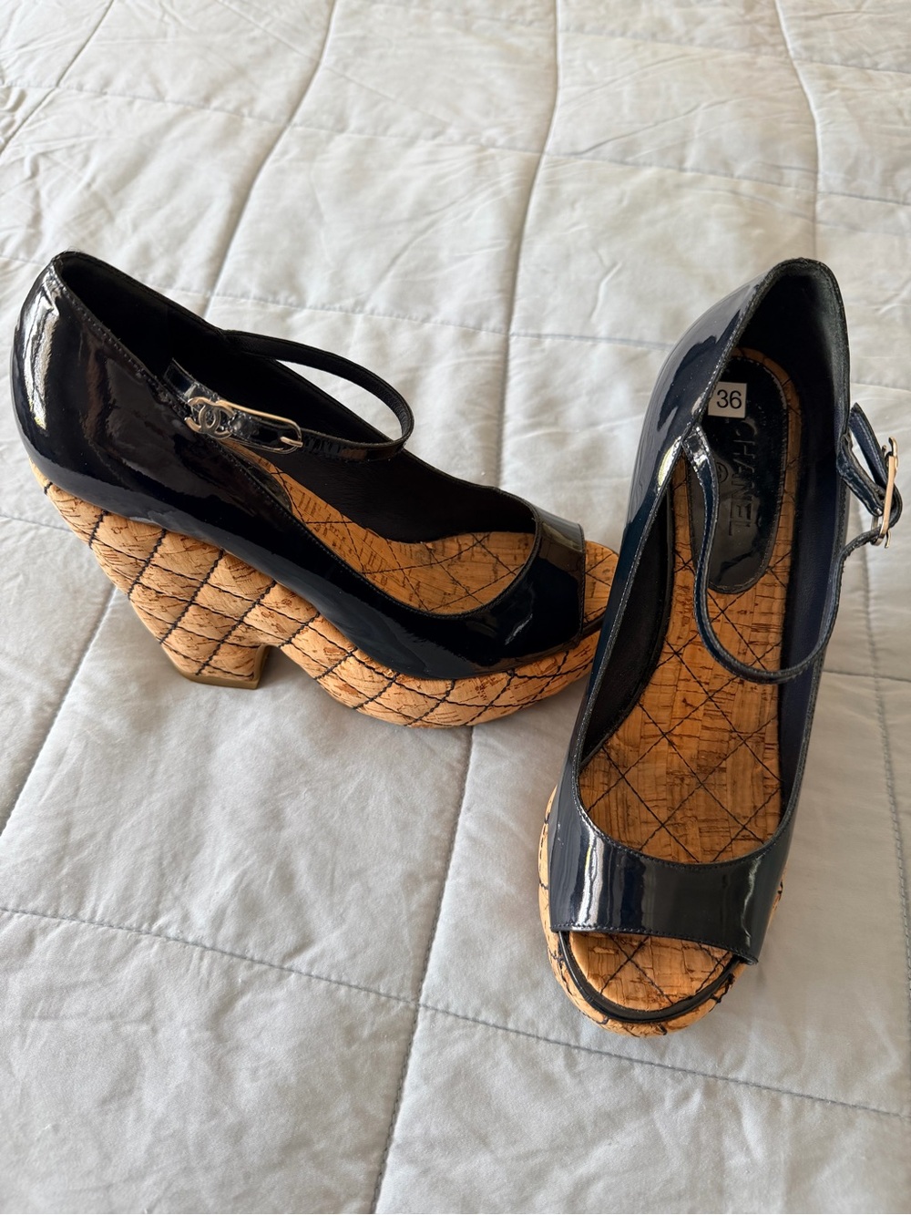CHANEL Black Patent Mary Jane Platform Wedges with Cork Insole - Picture 3 of 4
